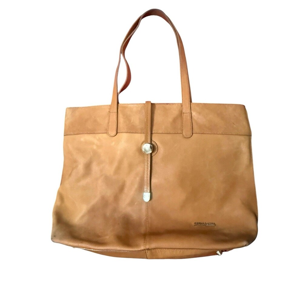 Stella & Max Cognac Tan 100% Leather Large Work Tote Shoulder Bag Zipper Closure